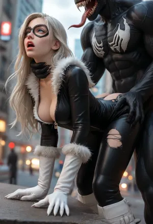 1girl, Black Cat, Marvel universe, 28, long white-platinum hair, front hair parted, wind in hair, blue eyes, looking up, ahegao, moaning, girl is bent over, leaning against guardrail, slender, black unzipped skintight leather costume, ((cleavage trimmed with white fur)), torn trousers, pussy exposed, ((black domino mask)), white gloves, white claws, white boots, long fur on gloves, long fur on boots, doggy fucked by Venom, Venom is massive muscular, Venom is tearing costume, drooling, (Venom is choking girl from behind, big claws around neck), big penis, deep vaginal penetration, squirt dripping massively, at night, on rooftops, in New York City, clouds, side view, <lora:841942_training_data:.9>, <lora:Midjourney Image Enhancer XL v1:.8>