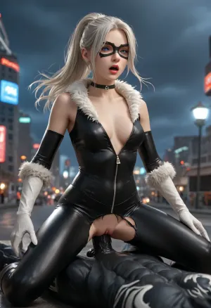 1girl, Black Cat, Marvel universe, 28, long white-platinum hair, front hair parted, ponytail, wind in hair, blue eyes, pre orgasm face, girl is leaning backwards, slender, black, unzipped skintight leather costume, trimmed with white fur, torn crotch, pussy exposed, black domino mask, choker, white gloves, claws, white boots, long fur on gloves, long fur on boots, riding Venom, Venom is massive muscular, Venom has long tongue, Venom is tearing costume, big penis, deep vaginal penetration, squirt dripping massively, at night, on rooftops, in New York City, clouds, side view, <lora:841942_training_data:.8>, <lora:detailed_notrigger:.8>, <lora:SDXL high detailed. LoRA_SDXL_ARW_0010:.8>