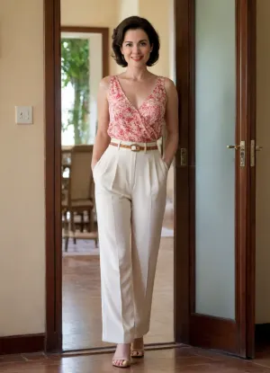 The image features a woman standing in a doorway, leaning against the frame. The overall aesthetic is bright and airy, suggesting a relaxed or tropical setting.

The image features a beautiful very sexy 55yo woman. Cinematic. well fed with a nice tummy, belly rolls, sturdy thighs, Skin with age marks. Stocky physique. Beautiful Love handles. Round buttocks. Normal overly attractive girl next door. Body according to age with imperfections. Oval face. Pale skin, no tan. Height 170cm. Breast size 80C. Smiling. Dark brunette hair, medium bob cut, very thin hair, hair parted on one side. very high forehead. thinning hair with little volume, hair combed back tucked behind ears, Sturdy thighs, little tummy, wide very female hips, Decent makeup. Small eyes. Thin eyebrows. Beautiful capturing mature woman. Smiling. Subject, • Woman, She is the primary subject. She has dark brunette hair styled in an updo. She's wearing a light beige or cream-colored jumpsuit with a sleeveless top and wide-leg pants. She has a belt at the waist. She is wearing makeup, including red lipstick. She appears to wear low heeled mule shoes.
• Pose, She is leaning against the door frame with one leg extended, her weight on her other leg. She has one hand in her pocket, and the other is raised slightly. She is looking off to the side with a slight smile.

Setting, • Doorway, The woman is framed by a large, glass door. The door appears to be part of a modern or contemporary structure.
• Interior/Exterior, The doorway leads to both an indoor and outdoor space. The interior has a wooden floor. The exterior shows a tropical environment with greenery and a glimpse of the ocean.
• Details, There's a ceiling fan visible inside the doorway.

Lighting and Composition, • Lighting, The lighting is bright and natural, likely from sunlight.
• Composition, The composition is well-balanced. The woman is positioned centrally, and the lines of the door frame create a sense of structure. The open doorway allows for a view of the background, adding depth to the image.

Overall Mood, The image evokes a sense of relaxation, elegance, and perhaps a vacation or tropical lifestyle.