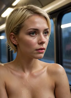 Nighttime rain, Raw amateur candid photography, Nude partially clothed short hair beautiful European russian blonde woman on train, analog style photo., ((looking away from camera, distracted))