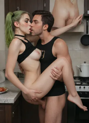 (Masterpice), HD4K visual, clear background, clear model, clear fingers, One Middle age Caucasian White woman, nerrow face, beautiful eyes, (nose ring, ear rings, black choker, tounge ring), (bright neon green hair), in pigtails, black cat ears, dark goth makeup, short, slim body, perky ass, small perky pointed breasts, hard gumdrop nipples, sleeveless crop top, pulled up, black skin tight leggings, pulled down, unshaven pussy, big bush, wet pussy, intence orgasm expression, in a kitchen, next to a modern stove, (lifted and carried:1.4), sex in air, holding on, legs rapped around man, kissing, (steak on a frying pan on the modern stove), at night, kitchen lights on, detailed background, close up, ass view, incase, style, ratatatat74, small, perky, <lora:287175_training_data:2>, <lora:ratatatat74-000050:2>