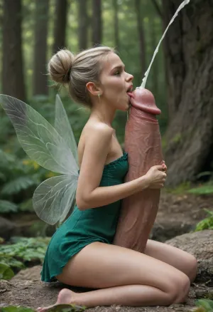 A small pixie fairy, green tattered low-cut dress, grinding and riding on a Giants veiny monster cock feverishly, bigger than body, gripping it tightly, side view, in a fairy tale enchanted Forest, Platinum blonde hair up in a bun, blonde, small breasts, fairy wings, hugging and straddling a massive giant body sized hyper-cock, licking and humping giant massive giant hyper cock, screaming, wrapping legs around, massive bukkake soaking drenching dripping squirting cum facial, titjob, sucking on the tip, aerial cumshot squirting