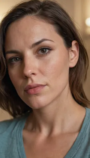 37 year old brunette, woman, no makeup, tired looking, tired eyes, big nose, thick lips, average 37 year old body