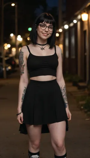(contrapposto pose:1.2), goth, legs covered in tattoos, wide hips small waist thick legs and small boobs, well-built, smile, chocker with o-ring, wearing a loose-fitting black camisole with a low waist midi skirt and black high top converse, she has pale skin, wearing glasses, she has long black hair with bangs, outdoor at night, side profile, dim lighting, bokeh