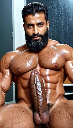 ('Afzal Khan' is Naked), Very ruggedly handsome Big Muscular Indian Muslim bodybuilders proudly showing their Big Cock while sitting in the Office, (Handsome and Hot Muslim hunks with very long beard), dark and rough Muslim men, (40 year old, Muslim, tall muscled Arab Indian dark male, rough, dominant, daddy, (hairy armpits and Chest), bodybuilder, enormous thick long dark cock, perfect fingers, oily Sweaty body, (wet messy hair), dilf, Big seductive eyes, Wet body), (big black circumcised penis with big testicles, ring pierced in penis), (rain drops), ultra sharp high definition details, pubic hair, professional photography, insanely detailed, RAW photo, HDR, hyper-realistic, cinematic lighting, photo realism, Big, cock, <lora:xpenis-1.5e:.5>, <lora:pein:.5>