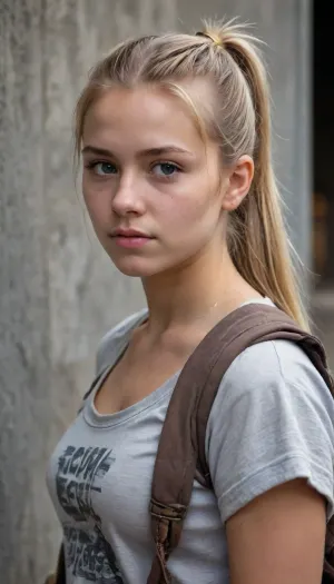dirty homeless woman beautiful blonde 18 years old with ponytails woman, lewddungeon, background walls, breastclamp, <lora:breastclamp_SDXL_reg0_03s:.5>