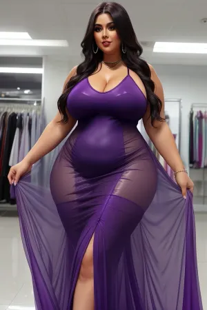 very tall bbw, purple see through lycra bodcon maxi dress