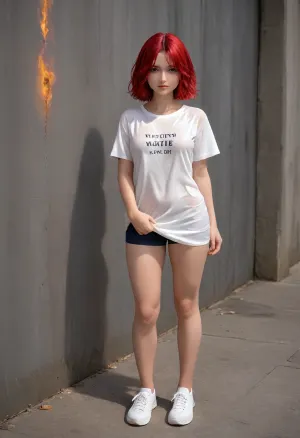 tall slim red hair 40 year old woman, thick thighs, standing full body image, long very wet t shirt, w3t, wet, tshirt, <lora:w3t_SDXL:.5>, <lora:259755_training_data:.5>
