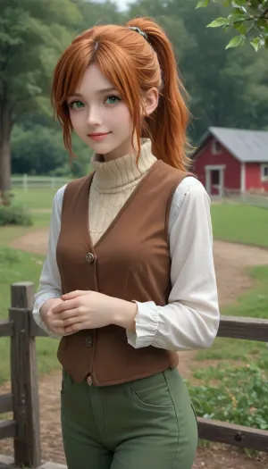 1girl, cowboy shot, solo, smile, outdoors, farm, garden, Robin_SDV, green eyes, orange hair, ponytail, yellow turtleneck, green pants, brown vest, fur trim, masterpiece, best quality, good quality, newest