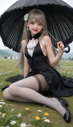 1girl, breasts, dress, long hair, pantyhose, sitting, smile, solo, flower, hair flower, hair ornament, simple background, white background, open mouth, full body, sideboob, small breasts, very long hair, holding, sleeveless, sleeveless dress, jewelry, hair between eyes, ascot, black dress, earrings, grey hair, umbrella, fang, revealing clothes, black footwear, black eyes, parasol, oni, striped pantyhose, grey pantyhose, holding umbrella, bright pupils, invisible chair, black flower, white pupils, skin fang, single leg pantyhose, corset piercing, drop earrings, striped clothes, sideless dress