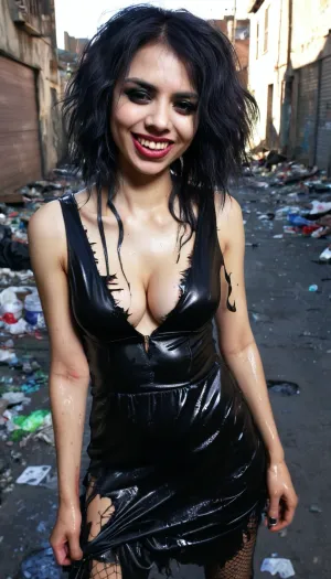 25 year old beautiful slim filthy goth girl, dark goth makeup, torn dress, messy hair, lascivious smile, bad sick stained teeth, medium tits, deep cleavage, glossy skin, in a slum, garbage in the streets