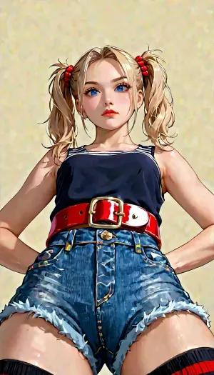 A young woman, appearing to be of Asian descent and in her late or early twenties, is depicted from a low-angle perspective. She has long, straight blonde hair styled in pigtails, bright blue eyes, and a serious, almost defiant expression. She is wearing a red and white horizontally striped sleeveless top with a small bow detail, dark blue denim shorts with a rolled-up hem and a red belt, and pink and black striped knee-high socks. Her hands are on her hips, in a confident pose. The setting is a plain, light beige background, drawing focus solely to the character. The character is centered in the frame and oriented to face the viewer directly. The style is anime-inspired, with clean lines, vibrant colors, and a slightly exaggerated body type. The lighting is even and soft, with no harsh shadows. The overall atmosphere is one of slight defiance and self-assuredness