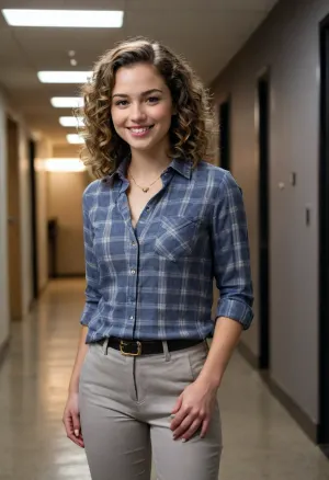 A young adult, light-skinned female, with shoulder-length curly light brown hair, smiles warmly, holding a black handheld device. She is wearing a casual button-down light gray and navy plaid shirt, and light gray pants. A simple gold necklace is visible under the shirt. The subject is standing in a dimly lit indoor space or entryway, positioned slightly to the left of the frame. A dark doorway or wall is behind her, creating a very dark background. The lighting is soft and slightly focused on the subject, highlighting the details of the face, hair, and clothing. The colors are muted, focusing on the warm tones of the skin and the moderate tones of the clothes. The overall impression is friendly and approachable. The image is shot from a slightly low angle, focusing on the subject. A sense of intimacy and quiet interaction is conveyed by the pose and expression. Photorealistic, detailed, cinematic lighting, medium close-up.