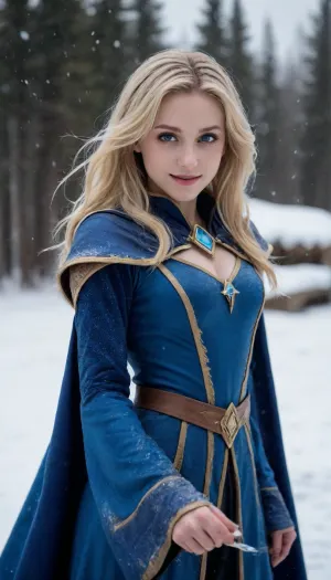 Dark_Magician_Girl, a woman with blond hair in a blue costume, look at viewer, pale skin, smile, (at snowfield), wet on body, casting spell