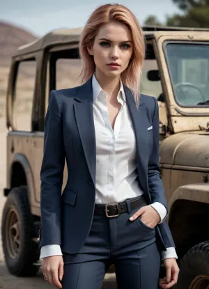 A classic suit with modern grunge elements, hyper detailed hyper realistic stunningly beautiful woman dressed in modern grunge fashion merged with classic tailoring style from head to toe, grunge makeup and accessories, classic suit accents with grungy flair, in the style of eve ventrue, 2d game art, clamp, porcelain, high-contrast shading, on the background of a jeep