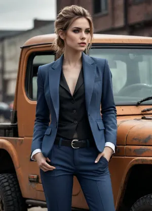 A classic suit with modern grunge elements, hyper detailed hyper realistic stunningly beautiful woman dressed in modern grunge fashion merged with classic tailoring style from head to toe, grunge makeup and accessories, classic suit accents with grungy flair, in the style of eve ventrue, 2d game art, clamp, porcelain, high-contrast shading, on the background of a jeep