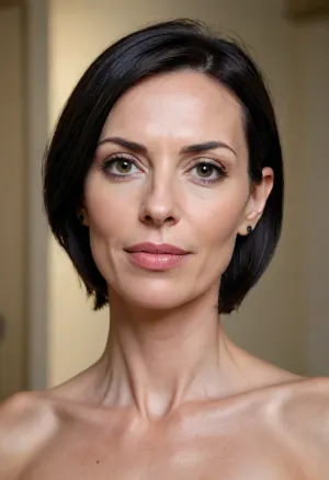 full head and shoulders portrait of 45 years old woman, (nude), naked, sexy, (extremely pretty), (absence of makeup), (true French face type), (highly expressive mimic), (vulgar flirting mimic), eye contact, (wide large mout, (very thin lips), (long hooked nose), (extra angular face), (massive chin), (arrogant smirk:1.1), (black bob haircut), skin pores, circle type earrings, (masterpiece:1.5), (HD quality:1.5), (ultra detailed picture:1.5), (real photo:1.5), (anatomicaly correct:1.5))