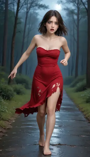 30yo, sexy milf, torn red dress, strapless dress, see throw, scared, crying, running, night sky, wet road, no shoes, no bra, erected nipples, cleft of venus, heavy rain, night, dark forest, depths of a forest, ruined makeup, wet hair, messy body, bright lipstick, smudged lipstick
