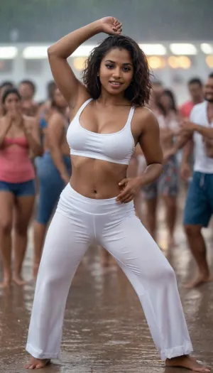 a perfectly curved enormous boobs thick thighs, ((30 years old married Haitian Bengali woman. Crop top and white yoga bell bottom trouser highwaist)), bottom heavy and belly, from side bending over, dancefloor party, night-life, wet uneven toned skin and princess clothes, wet wavy tied up hair, (((a beach party, people dancing in the rain))), waves hitting shore, crowded background, carnival crowd, concert crowd