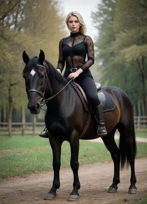 18 year old blonde girl riding a black horse, LARGE SAGGY TITS, BLACK SEE-THROUGH TOP, SEE-THROUGH tight riding trousers, black riding boots, masterpiece, detailed face, realistic face, realistic eyes, photorealistic, (3/4 VIEW), FULL BODY SHOT