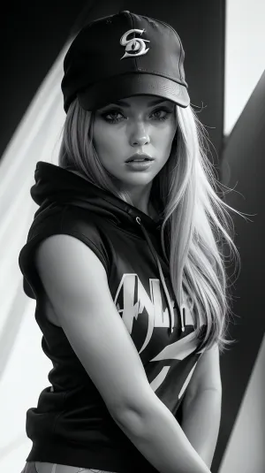 In a stark, high-contrast black and white illustration, a mysterious Glamour woman stands out against a plain white background. Her porcelain skin glows under a casual hoodie and cap combination, her long straight hair flowing effortlessly beneath the cap's brim. Oversized round sunglasses perch on her face, reflecting light and emphasizing her enigmatic expression, a masterclass in composure. The sharp lines of the ink style highlight the texture of her clothing and accessories, drawing the viewer's gaze to her upper body and captivating visage.