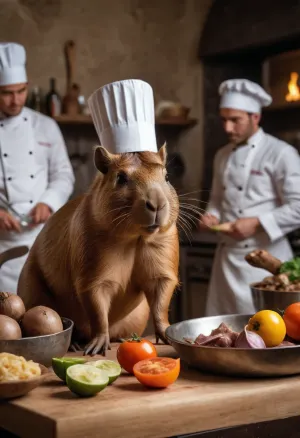 A capibara pretending to be a chef, several naked models in the background