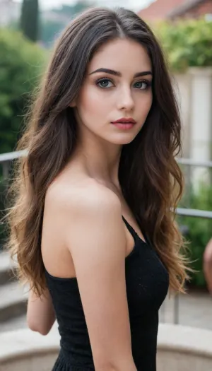 (((Show full body))), (close up of girl), very long hair, (front view), looking at camera, girl is gorgeous, (((young girl))), (((18 years old))), naked, ((eye contact)), slim figure, gorgeous girl, (((eye shadow)), (((long fluffy black eyelashes))), lipstick, on a summer terrace)