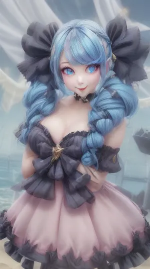 elegant face, beach, 1girl, absurdres, black bow, black gloves, black legwear, blue eyes, blue hair, bow, collarbone, dress, drill hair, frilled dress, frills, gloves, gwen \, (league of legends\), hair ornament, highres, league of legends, long hair, parted lips, puffy sleeves, pink pupils, smile, solo, white dress, x, x hair ornament, evil eyes, (evil laugh), (cum on mouth), long, hair, twintails, twin, drills, blue, eyes, star-shaped, pupils, middle breast, <lora:add_detail:.8>, <lora:Gwen-v1:.3>, <lora:detailed_eye-10:.8>, <lora:gwen-000037:.3>, <lora:gewen_20230707095236-000012:.3>