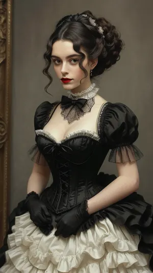 A vintage-style full-body portrait of a woman dressed in an elaborate Victorian-era inspired costume, exuding elegance and charm with a touch of theatrical flair. The outfit features a structured white corset with black beaded detailing along the neckline, creating a sophisticated and glamorous contrast. The corset accentuates her figure, while the black lace gloves add a delicate yet bold element to her look.

The skirt is a layered design with black and white striped fabric and black tulle overlays, featuring intricate polka-dot patterns and ruffled accents that add volume and movement. The combination of textures creates a rich, visually dynamic ensemble. A black choker with a small pendant adorns her neck, perfectly complementing the gothic aesthetic of the outfit.

Her hair is styled in voluminous, curly waves, framing her face with a timeless and dramatic effect. The hairstyle includes a black feather accessory that enhances the theatrical, period-piece look. Her makeup is classic, with a focus on bold red lips and subtly defined eyes, adding to the overall vintage charm.

The background is a muted, warm-toned brown with a painterly texture, resembling a traditional studio backdrop from the late 19th century. The lighting is soft and diffused, creating a warm glow that highlights her features and the intricate details of her outfit, while casting gentle shadows that add depth to the image.

The composition is centered, with the subject standing in a poised and confident manner, one hand resting on her hip and the other delicately holding a part of her skirt. The overall mood is timeless and elegant, evoking a sense of historical drama and classic beauty.