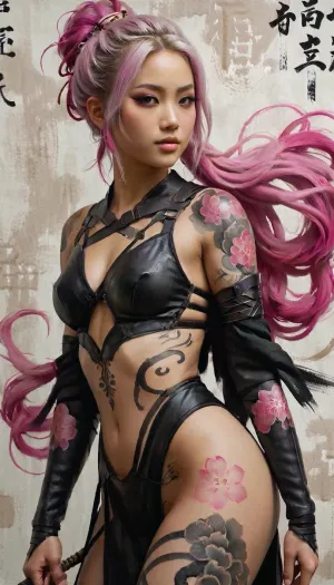 rough digital painting, (full body:1.2), 1girl, Sumi-ye style painting of japanese girl, handsome, solo, [], fantastical costume design, 0.2, warlord, American, pink hair, (solid:1), build, sumi-e wall painting in background, sumi-e style background, full, body, sumi-e tattoo, sumi-e, <lora:EnvyZoomSliderXL01:1>, <lora:FBT-000002:.5>, <lora:[XL]Sumi-e:.9>