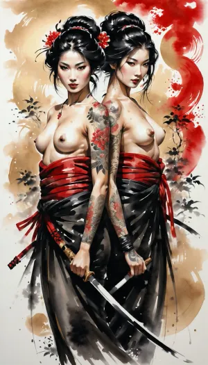 Sumi-e style painting of wallpaper of a mysterious beautiful tattooed kunoichi two naked geishas half body portrait, in full growth, red and gold jewelry in the streets of a dark snowy town in japan, by Sumi-e style painting, intricate detail, trending on Sumi-e style painting, fluid motion, stunning shading, ((black hair color)), sumi-e, <lora:InkWashpainting:.3>, <lora:[XL]Sumi-e:.3>
