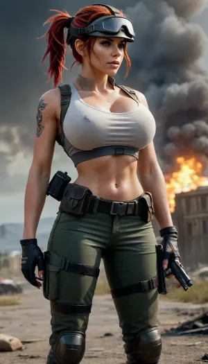 A woman with an athletic, sporty build stands at the forefront, exuding strength and determination. Her fair skin is marked with dirt and scratches from battle. Her striking red hair, slightly tousled, flows from beneath her helmet, adding a wild touch to her fierce presence. Her green or light brown eyes are sharply focused on the horizon, filled with resolve. Her sharp features—high cheekbones and a defined jawline—blend femininity with toughness, reflecting her status as a seasoned survivor. She wears a form-fitting, slightly wrinkled white shirt that emphasizes her bust, (75G), breasts Falling out Shirt, large, breasts, big, boobs, huge, tits, stained with sweat and dirt. The shirt’s sleeves are rolled up, showcasing her muscular arms. A dark tie loosely hangs around her neck, giving her a rugged, battle-ready look. Over her shirt, she wears a bulletproof vest, left open to emphasize her figure, balancing practicality with boldness. On her head is the iconic Level-3 helmet, scratched and dented from countless battles, a symbol of PUBG’s intense action. Strands of red hair escape from beneath it, adding individuality. Across her shoulder is a well-worn M416 assault rifle, showing signs of heavy use, ready for action. A frying pan hangs from her hip, its dark metallic shine symbolizing PUBG’s mix of humor and lethality. Her posture is dynamic, slightly crouched with one leg forward, poised to spring into action. Her hands rest on her weapon, ready for any threat. She stands as a symbol of strength and survival, prepared for whatever comes next in the unforgiving world of PUBG. The background is a desolate battlefield, the ground cracked and dusty, scattered with debris from past firefights. Craters, wreckage, and abandoned weapons litter the area. Thick smoke rises from distant burning vehicles and collapsed buildings. A wrecked Dacia 1300 and a damaged motorcycle lie abandoned, adding to the chaos. Broken walls and ruins spread across the landscape, reinforcing the apocalyptic nature of the environment. The sky is filled with storm clouds, casting shadows over the battlefield, while rays of light break through, highlighting the devastation below. The color palette is gritty, dominated by shades of gray, brown, and ash, underscoring the harsh world. Bright orange explosions and the fiery red glow of fires contrast with the somber colors, adding drama. Dust and smoke swirl through the air, enhancing the chaos. The ground is littered with ammo, discarded weapons, and twisted metal, emphasizing the ongoing battle. Above the scene, the iconic PUBG logo in bold yellow stands out against the dark backdrop, symbolizing the core theme of survival. The woman, strong and determined, perfectly embodies the spirit of PUBG—fighting to survive in a brutal world, <lora:bombshell_v2:2>