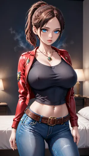 photorealistic, Claire Redfield, anime character from the Resident Evil, (claire redfield from the resident evil:1.2), ((sharp focus)), ((best quality)), afterglow, ((extremely delicate and beautiful)), ((extremely detailed)), ((4K)), ((masterpiece)), ((highest quality)), 8k, trending on ArtStation, Intricate, High Detail, curvy, 1girl, (thick:1.2), (milf:.5), (busty and curvy1.1), (bedroom), rating, safe, (big breasts:1.1), (wide_hips), collarbone, (red_jacket, black_t-shirt, necklace, jeans, belt), navel_piercing, solo_focus, sensual, provoking, seductive, parted_lips, (brown_hair, ponytail, bangs, straight_hair, blue_eyes), looking_at_viewer, standing, contrapposto, 4ng3l, <lora:SDXL_BetterFaces-LoRA_v1:.5>, <lora:add-detail-xl:.5>, <lora:detailed_notrigger:.5>