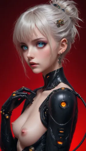 Cyberpunk Style, 1girl, cyborg hand, nipples, (piercing:1), (ornament:1.2), (cable:1), white hair, looking at viewer, bangs, bodysuit, cable, cyberpunk, earrings, from side, hair behind ear, hair bun, hair ornament, hand on own shoulder, jewelry, makeup, nose piercing, open lips, piercing, red background, science fiction, simple background, single hair bun, solo, ((upper body)), blue eyes, glowing eyes, Cybperunk, Style, <lora:CyberpunkSDXL:1.1>, <lora:SDXLFaeTastic2400:1.2>