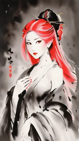 [Painting, by Michelangelo], Tensho Shubun Sumi-e style painting of an pale skinned naked japanese girl with long blonde hair sitting in front, wearing pink towel up the naked body, sumi-e in background, Tensho Shubun and Ogata Korin, gray and gold color scheme, 2 0 2 0 s promotional art with Sumi-e style painting, like lady mechanika, painting by Tensho Shubun, trending on artstaion, sumi-e comics, Sumi-e style painting portrait of a destiny woman, cp2077, transmetal ii, style, nty, <lora:Freehand_Brushwork:.8>