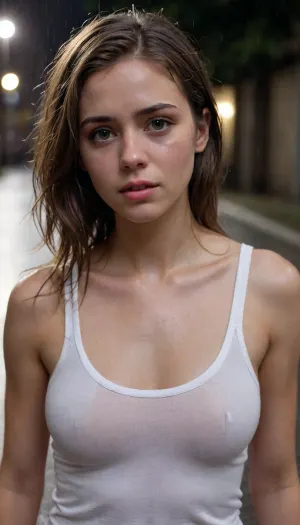 18 year old young-looking girl, soft features, masterpiece, best quality, finely detail, highres, 1 girl, solo girl, fine looking girl, beautiful young-looking face, unblemished skin, smooth skin, walking in the rain, walking down a dark deserted alleywayat night, sad, crying, mascara running, wet hair, soaking wet, wet white ribbed tank top, white shirt, wet, hair, (hlfcol, haired, girl, with, color1, and, color2, hair), small firm breasts, erect nipples, hard nipples, pokies, braless, Braless>