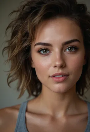 (stunning girlfriend, skincare model, makeup model:1.3), (flawless makeup, natural makeup, flawless skin:1.2), (sporty hair, messy hair), mischievous eyes, suggestive smirk, suggestive gaze, ZipRealism, <lora:add-detail-xl:1>