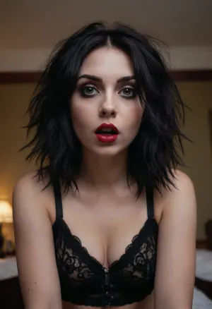 (stunning girlfriend, lingerie model, goth model:1.3), (flawless makeup, flawless skin:1.2), (sporty hair, messy hair), (intimate eye contact), low angle view, straddling, wide surprised eyes, lips parted, gasping, ZipRealism