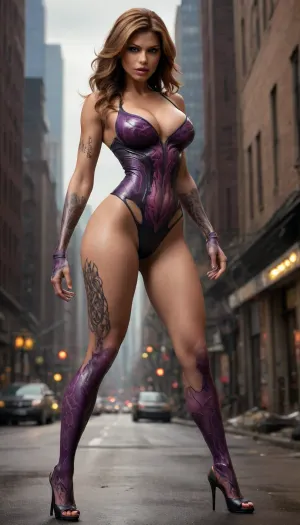 (100% matching Eva mendes face), Full body view from toes to head, (((full length professional photography of milf wearing open toe high heels))), (hourglass shape, hourglass petite figure), Hyper realistic art, Female venom is a purple character, venom symbiote, 8 k cg render, Female venom, carnage, 8k render, hyperreal highly detailed 8 k, 8 k high detail concept art, massive jewellery, bracelets, (Full body, full lips), ((beautiful long tattooed legs)), (((huge sagging tits))), hyper real render, 3 d render character art 8 k, 8k octane render, 8 k octane render, high detail 8 k render . Extremely high-resolution details, photographic, realism pushed to extreme, fine texture, incredibly lifelike, marvel, symbiote, solo, sharp, teeth, high, heels, sexy, heel, 15, cm, boots, GiganticBreatsXL, gigantic, torn, fly, down, at, _______, <lora:checkpoint-e54_s1296:.6>, <lora:She-Venom-FFusion.LORA:1>, <lora:398313_training_data:.8>, <lora:GiganticBreastsXLv1:.2>, <lora:tornclothesv6-8:.3>