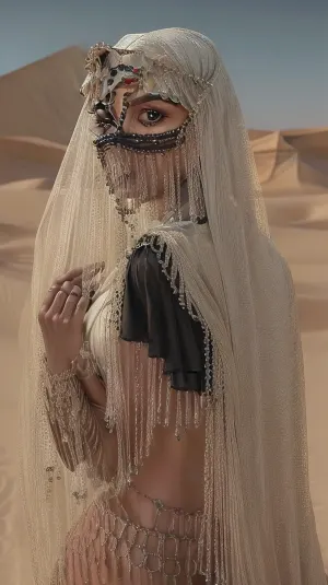 a woman in a black hijab poses for a picture, african ameera al taweel, film still from movie dune-2021, in the 2 0 2 1 movie dune, still from movie dune, greek ameera al taweel, african female android, nubian, scene from dune 2 0 2 1 movie, riyahd cassiem, faceveilmask, (mouth, veil), forehead, jewel, headband, <lora:chainveil:1>