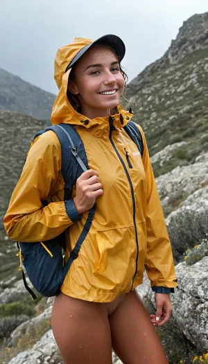 masterpiece, distant view, beautiful seamless tanned naked 19 years old woman carrying a rucksack, gymnastic body, lots of freckles, very hard blush on the checks and nose, raised nasal tip, exhausted smile, ((wearing only a short rain jacket:1.5)), ((naked lap)), ((rain hat)), ((dressed hiking old man next to her)), hypnotized loving eyes, ((blushing)), ((nude)), (shaved pussy), ((rucksack)), front view, smiling, ((deep seamless suntan:1.5)), beautiful face, slim body, scandinavian, narrow waist, wild brunette hair, full length view, highest quality, perfect quality, natural, cloudy windy day, posing at top of a hill in South of Crete, rucksack, hiking shoes, sharp, background, <lora:ahxl_v1:.2>, <lora:blur_control_xl_v1:.5>