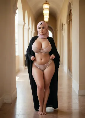 woman, Hijab Girl with huge tits in big lingerie, wide opend legs on corridor breasts, big, boobs, huge, tits, <lora:bombshell_v2:.5>, <lora:275493_training_data:.5>