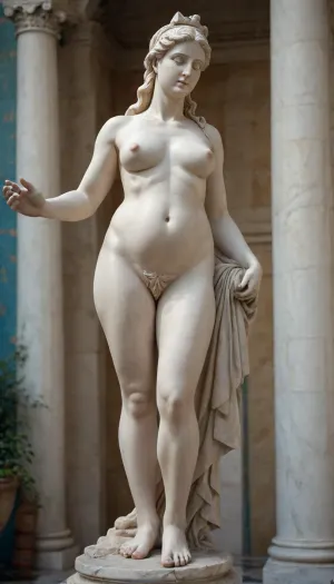 marble statue of the GODDESS Artemis in Greek style, pregnant, full height, naked, with very crooked legs, saggy breasts, soft breasts, large nipples, shaved pussy, bulging belly, straight waist