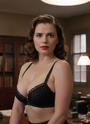 The First Avenger. Vintage Peggy Carter, a beautiful woman with big breasts 1940s, In sexy black underwear in military office. Topless ohwx, woman, <lora:atwell_lora_sdxl_v1-000009:.5>