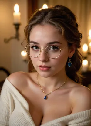 20 years old girl, close-up plump tits, white sweater, cleavage, naked shoulder, soft lips, flirting eyes, wavy ponytail, golden glasses, jewelry, sapphire earrings, protective, noble, princess, elegant, dimly lit, warm candlelight, dynamic angle