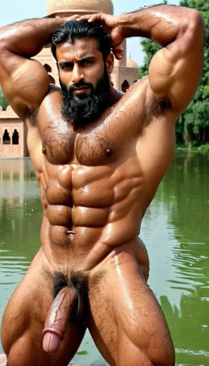 ('Farman Khan' and 'Afzal Khan' are best friends, Both are Naked), Very ruggedly handsome Big Muscular Indian Muslim bodybuilders proudly showing their Big Cock in front of Old Mosque surrounded by pond, (Handsome and Hot Muslim hunks with very long beard), dark and rough Muslim men, (40 year old, Muslim, tall muscled Arab Indian dark male, rough, dominant, daddy, (hairy armpits and Chest), bodybuilder, enormous thick long dark cock, perfect fingers, oily Sweaty body, (wet messy hair), dilf, Big seductive eyes, Wet body), (big black circumcised penis with big testicles), (rain drops), ultra sharp high definition details, pubic hair, professional photography, insanely detailed, RAW photo, HDR, hyper-realistic, cinematic lighting, photo realism, Big, cock, <lora:xpenis-1.5e:.5>, <lora:pein:.5>