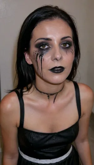 45 year old whore, pretty face, black hair, very skinny, very small tits, maid uniform, stocking, cum on clothes, it's dark, she's standing in the basement, <lora:678016_training_data:.5>, ((cum facial 1.6)), cohf, covered, in, semen, (((smudged black makeup, 1.50))), (you can see cum on her face and dress), cum hair, <lora:cum_in_eye_deepmind:.6>
