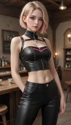1girl, 30 years old, solo, blonde hair with pink highlights, sidecut, pretty face, eyeliner, punk look, rockstar energy, fantasy tavern background, indoors, bard outfit, ornate shoulderpads, leather pants