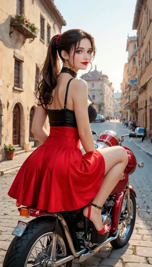 Beautiful latina, sitting on red vintage classic motorcycle, old Italian city on background, brunette, loose long hair, ponytail, sun weather, nun, red lipstick, red nails, green eyes, rounded breast, figure, perfect ass, lusty expressions, black lace choker, red skirt, stiletto sandals, fitted top with straps, happy smile, rounded tits, middle ass, high resolution, high details, detailed face.