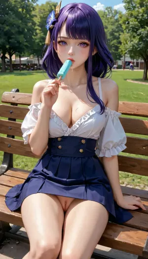 Raiden Shogun from Genshin Impact, holding popsicle, (ice popsicle dripping from shaved pussy:1.3), skirt, cleavage, ultra detailed, detailed face, sitting on park bench, leaning back against bench, (holding ice popsicle above thighs:1.3), [licking popsicle], 1.3, skirt pulled up